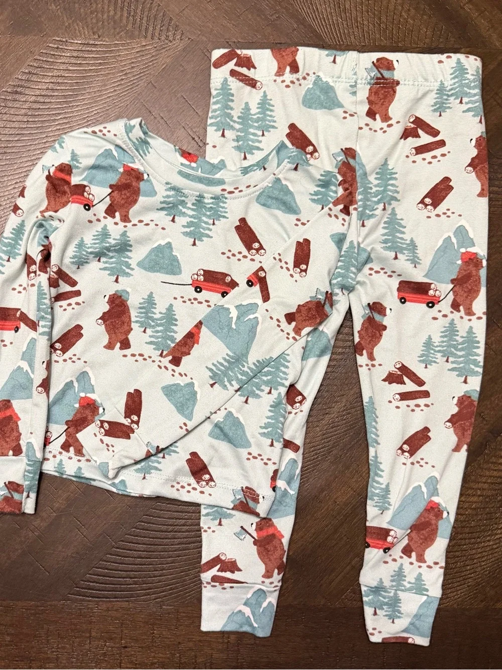 Mick Mack Kids Bear Wagon Pajama Set - Light Gray & Teal Bear Print